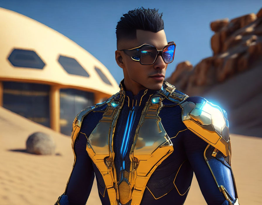 Male character in futuristic armor with stylish haircut and mirrored sunglasses in 3D-rendered image.