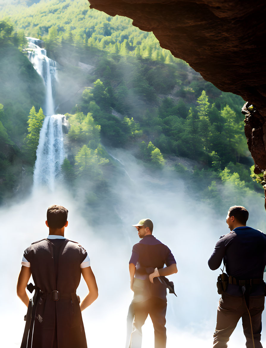 Men watching waterfall from cave with sunlight and greenery.