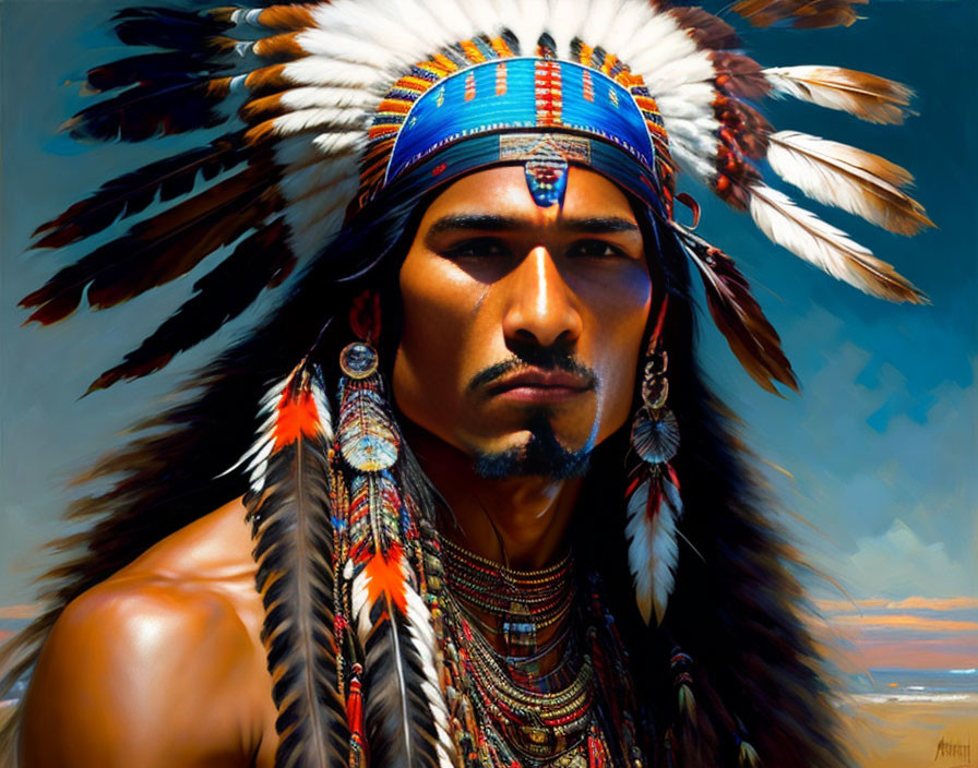 Man in Native American headdress with feathers and regalia