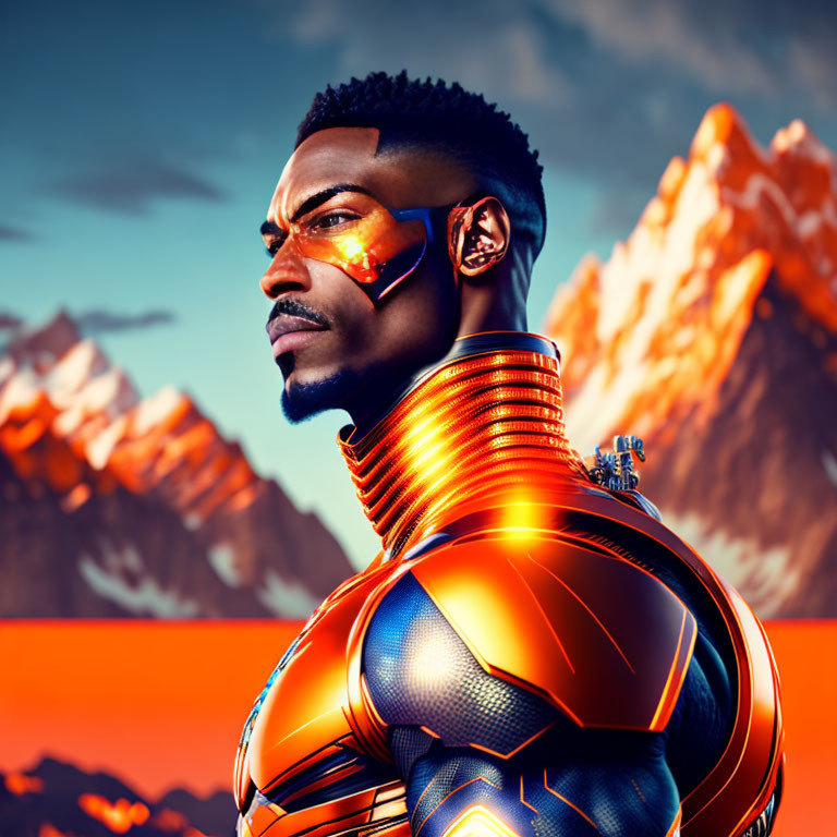 Futuristic person in orange and blue suit against mountainous backdrop
