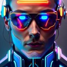 Cyberpunk man in glowing visor sunglasses and headphones, surrounded by neon lights.