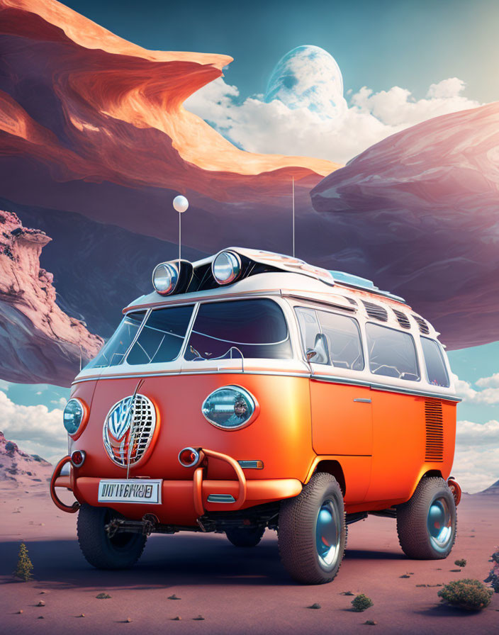 Vintage Volkswagen bus with surfboards in alien desert landscape