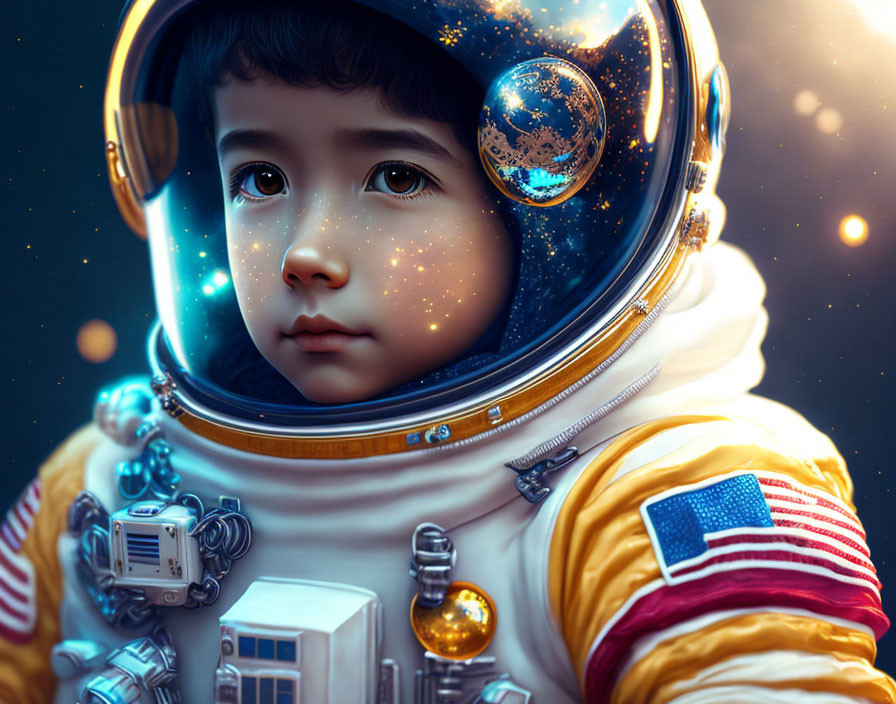Child in Astronaut Suit with American Flag Patch and Earth Reflection