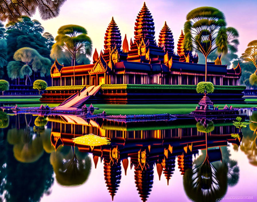 Colorful illustration: Angkor Wat with vibrant purple and pink skyline, lush trees, and water reflection