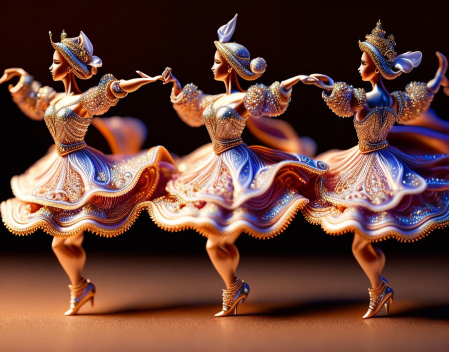 Intricately detailed ornate female dancer figurines on warm amber background