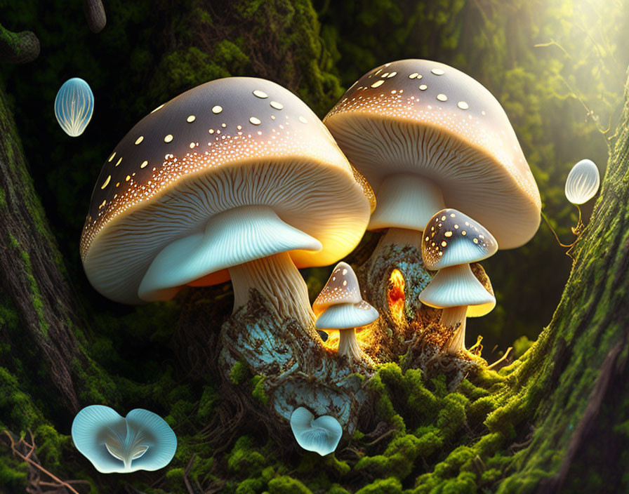 Enchanting image of oversized glowing mushrooms in mossy tree nook
