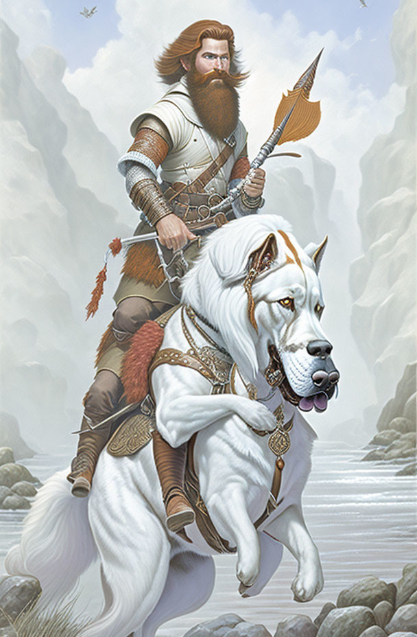 Medieval warrior in armor riding giant white dog through misty landscape