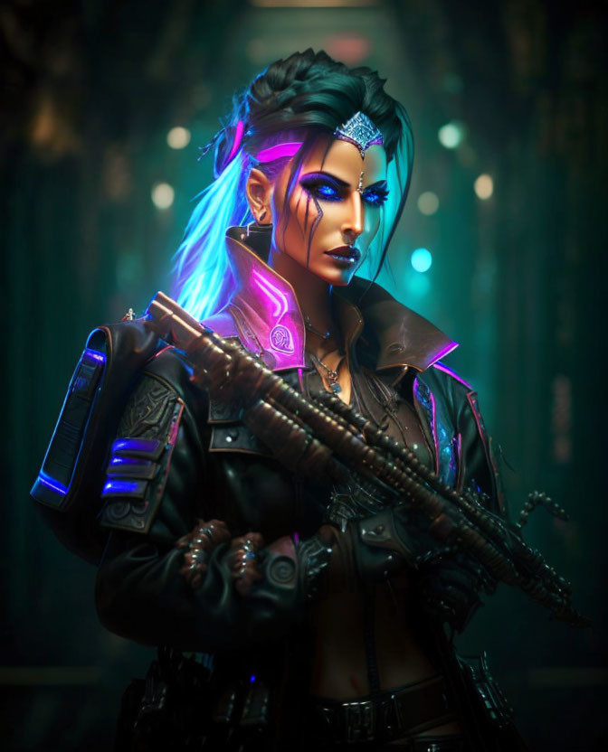 Futuristic female warrior with glowing blue hair and high-tech weapon in dark forest