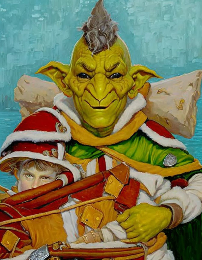 Smiling green goblin hugs apprehensive child with bow