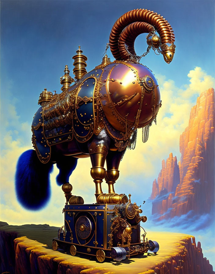 Intricate mechanical sheep with golden brass fittings on cliff under blue sky