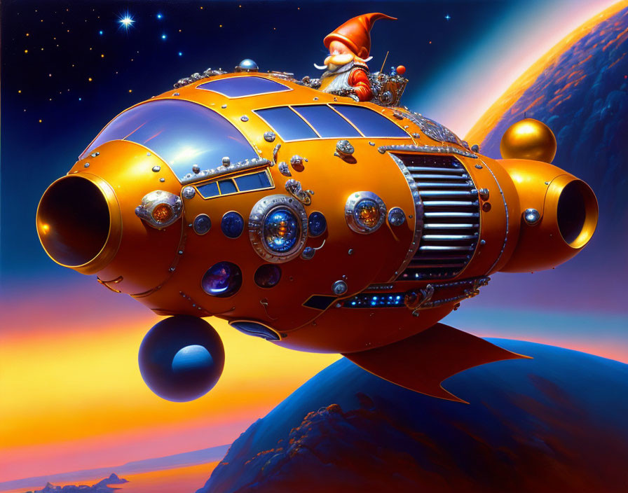 Detailed Illustration: Orange Spaceship with Gnome Character in Space