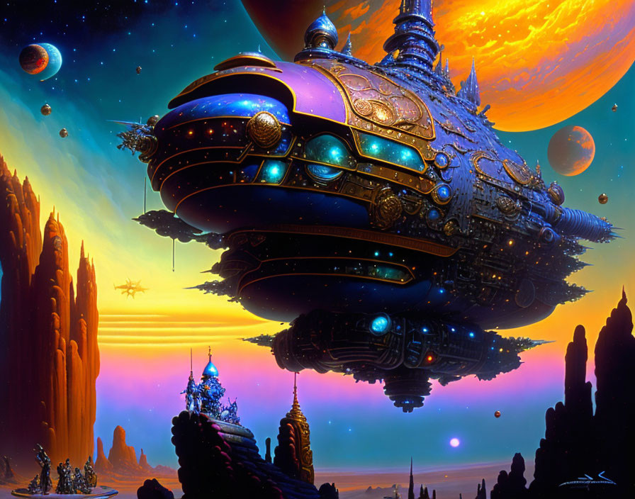 Intricate sci-fi spaceship over fantastical landscape