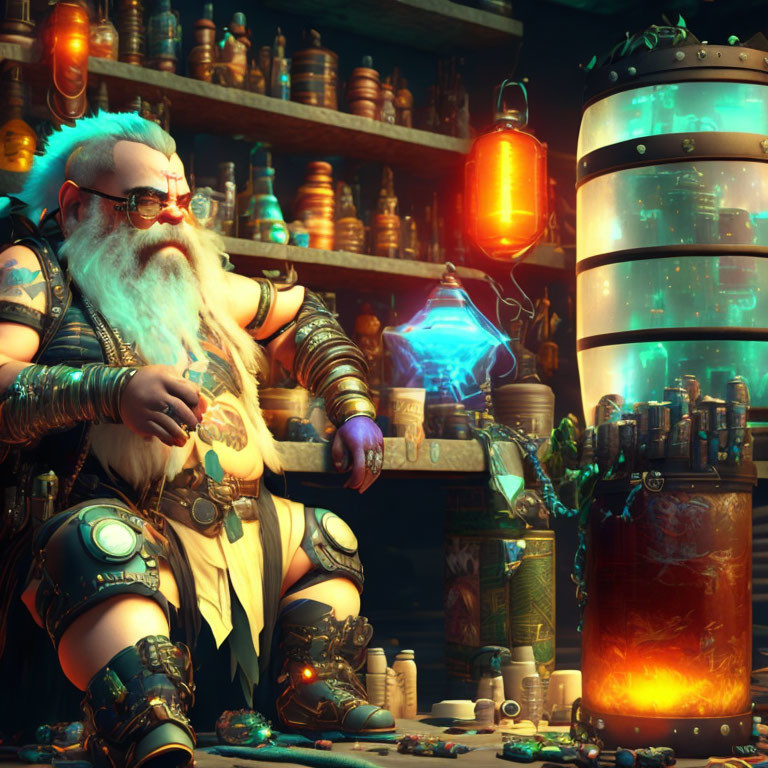 Bearded fantasy character with mechanical limbs in workshop with glowing blue energy