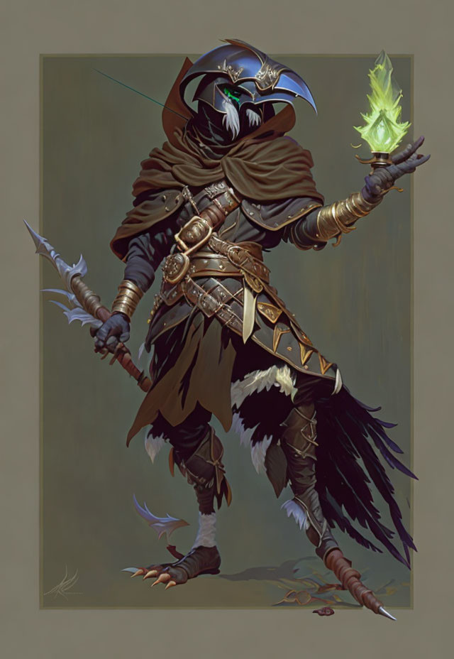 Bird-Like Humanoid Mage Casting Green Spell with Staff