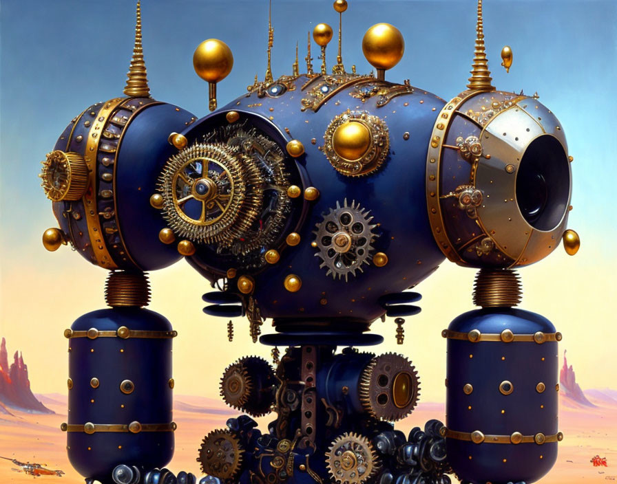 Steampunk-style robotic entity with intricate gears in desert setting