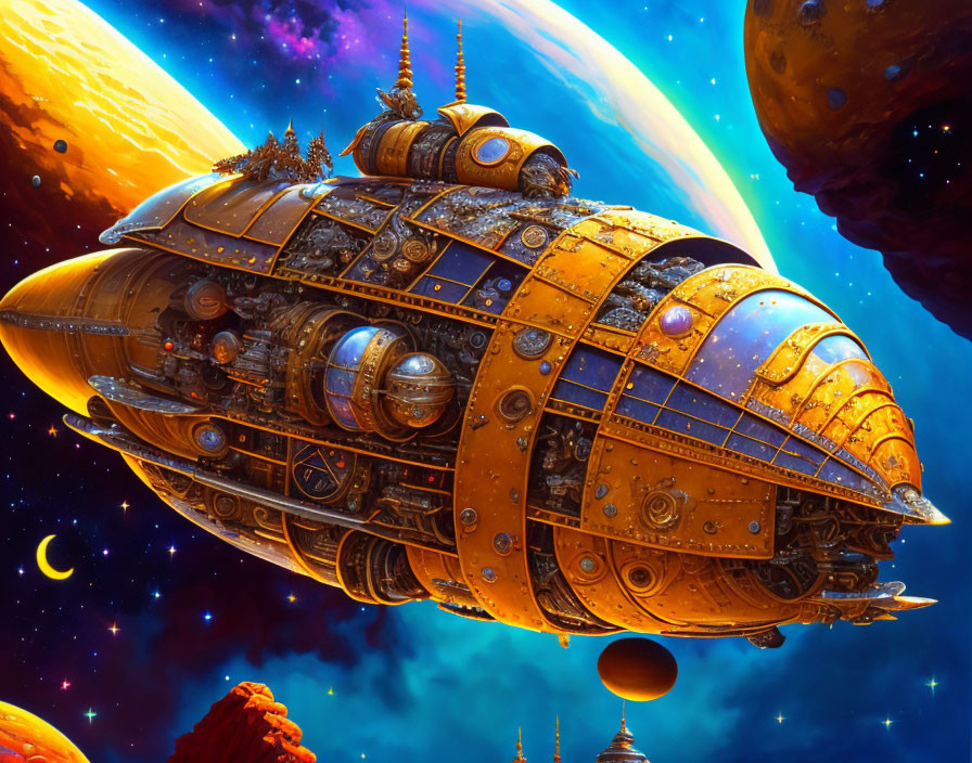 Golden Steampunk Spaceship in Space with Planets and Crescent Moon