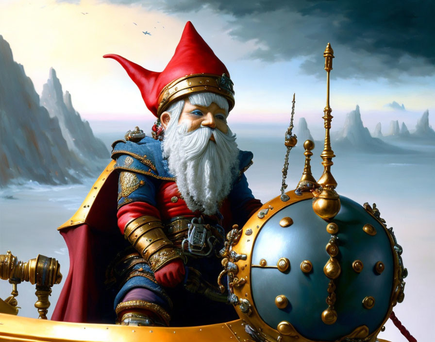 Gnome-like character in red hat and blue armor riding steampunk spherical vehicle
