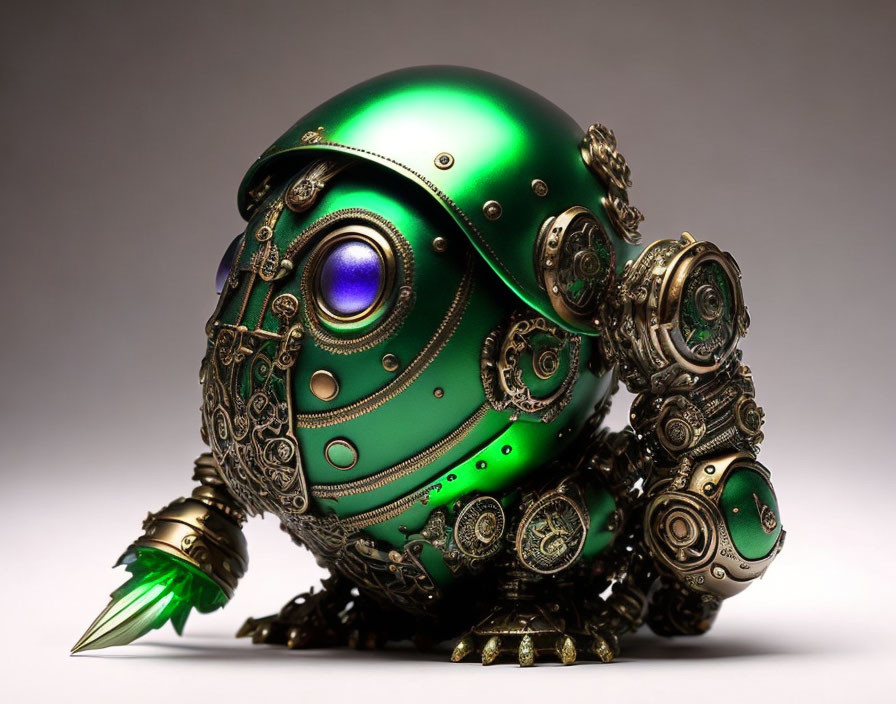 Green and Gold Steampunk Mechanical Turtle with Purple Gem Eye
