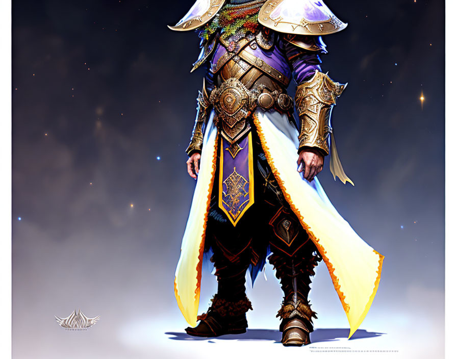 Fantasy knight in purple and gold armor on starry backdrop