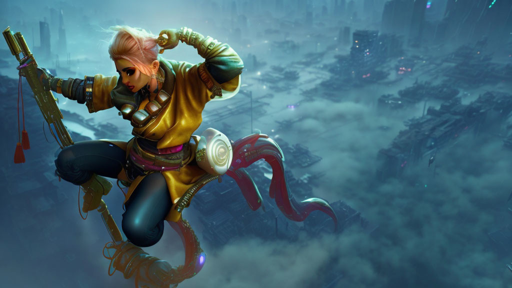 Pink-haired female character on futuristic grappling hook in neon-lit cityscape.