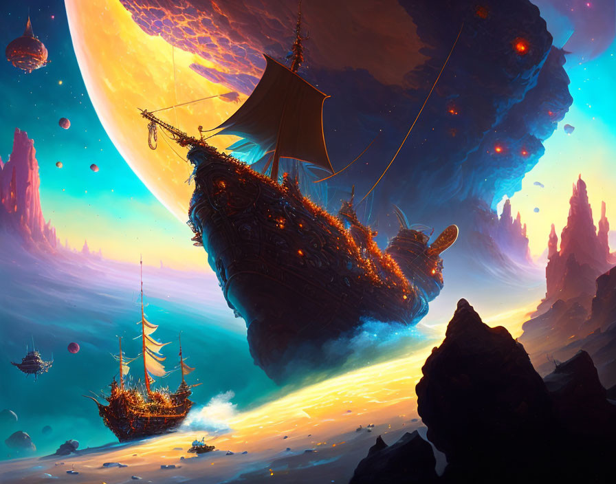 Fantastical scene: sailing ships, rock formations, large planet, star-filled sky