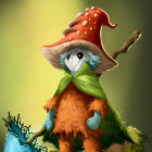 Whimsical gnome with long beard in red mushroom cap hat on mossy patch
