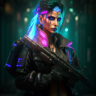 Futuristic female warrior with glowing blue hair and high-tech weapon in dark forest