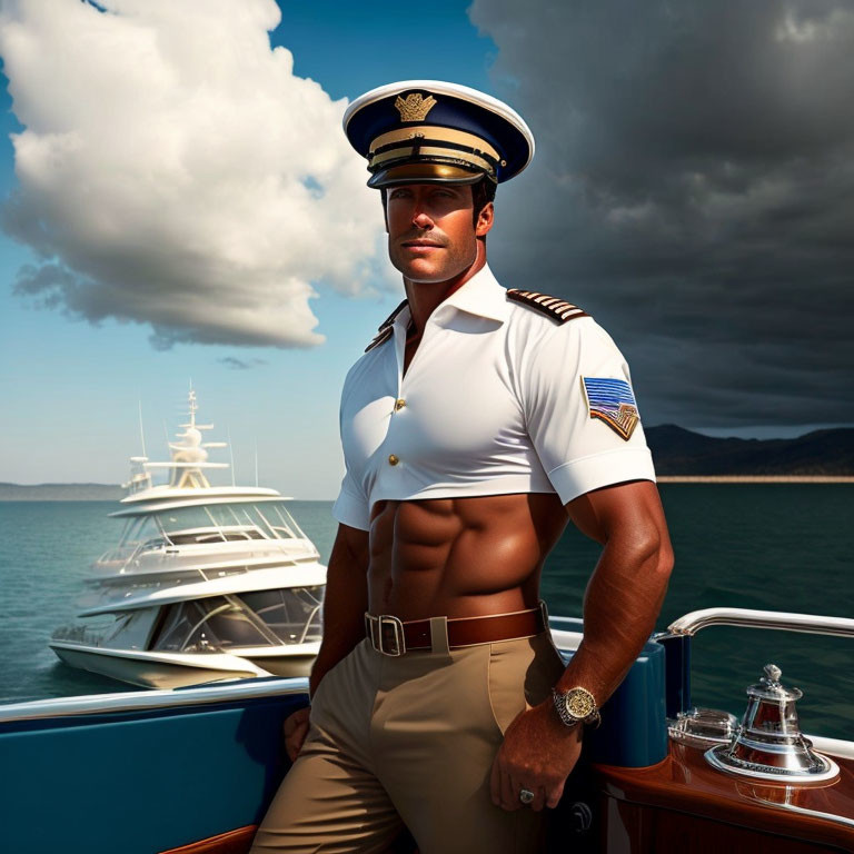 Captain in uniform on yacht with cloudy sky and second yacht in background