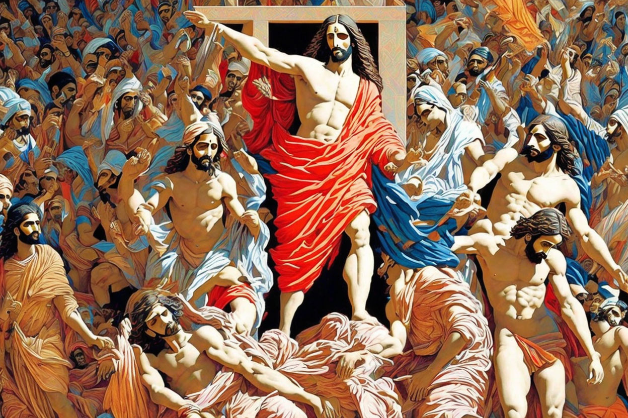 Religious-themed painting with Jesus-like figure and diverse crowd.