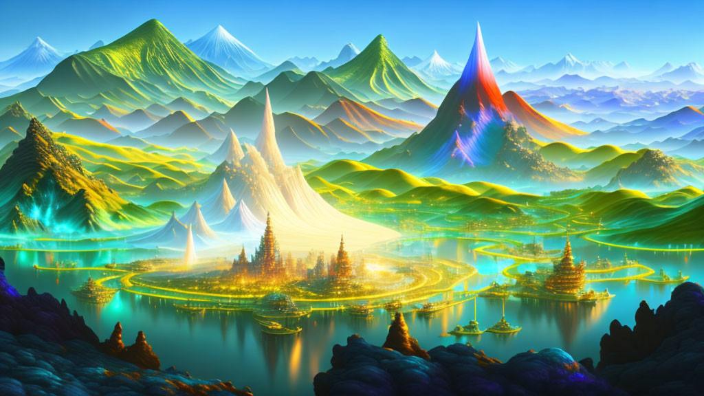 Colorful mountains, glowing river, aurora lights: fantastical landscape.