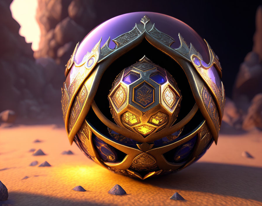 Intricate golden orb with purple gemstones in twilight desert landscape