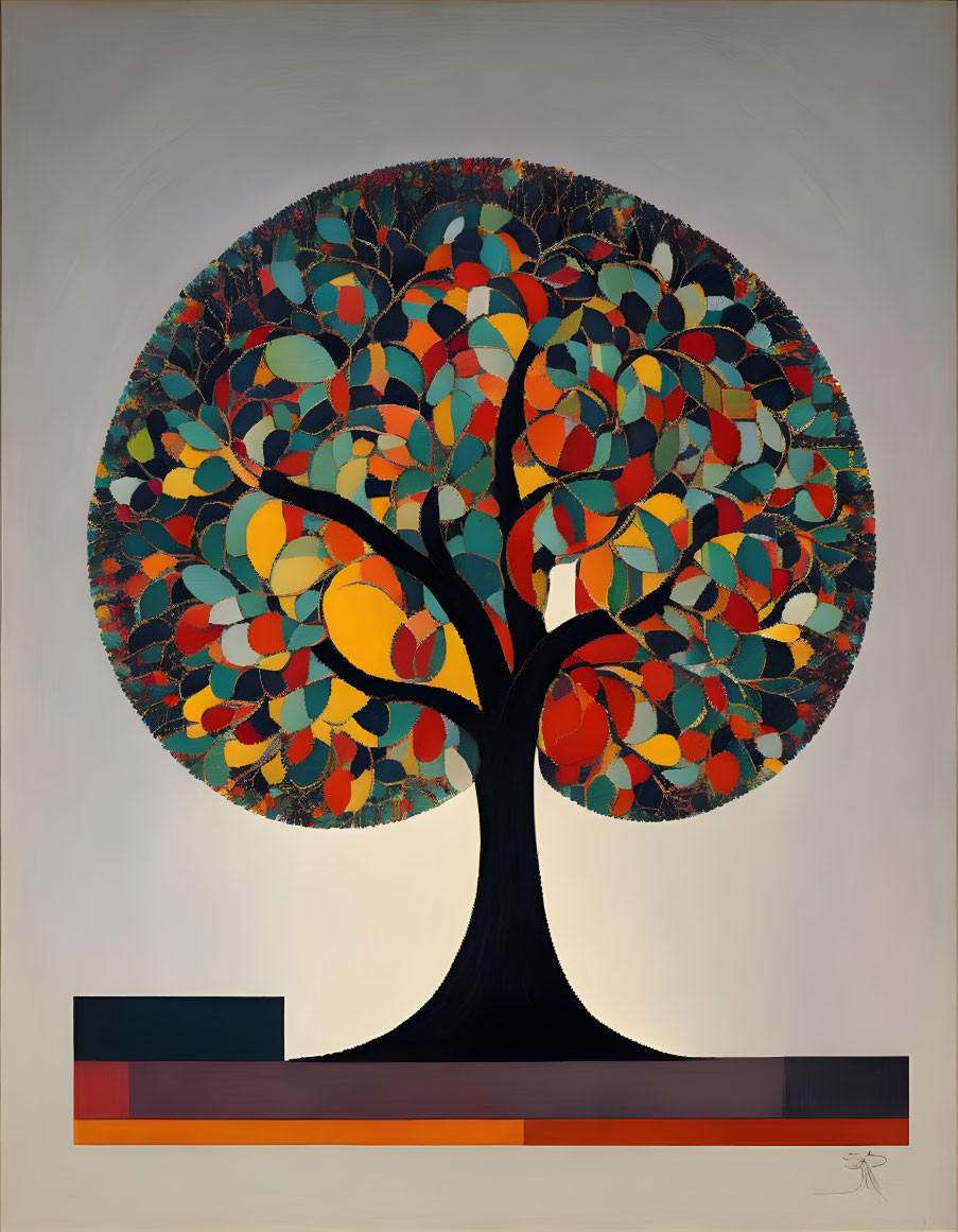 Colorful mosaic tree painting on geometric base against gray background