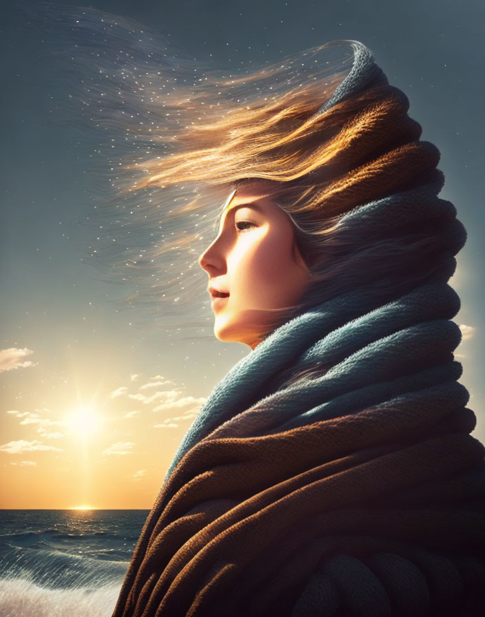 Woman in cozy scarf watching sunset by the ocean