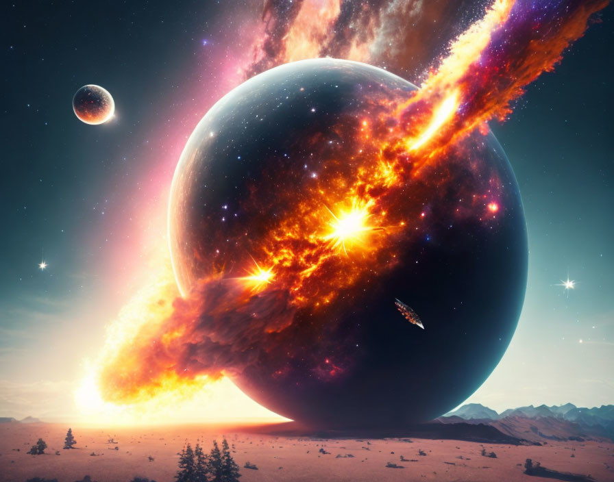 Futuristic landscape with planet, moon, explosions, and starry sky