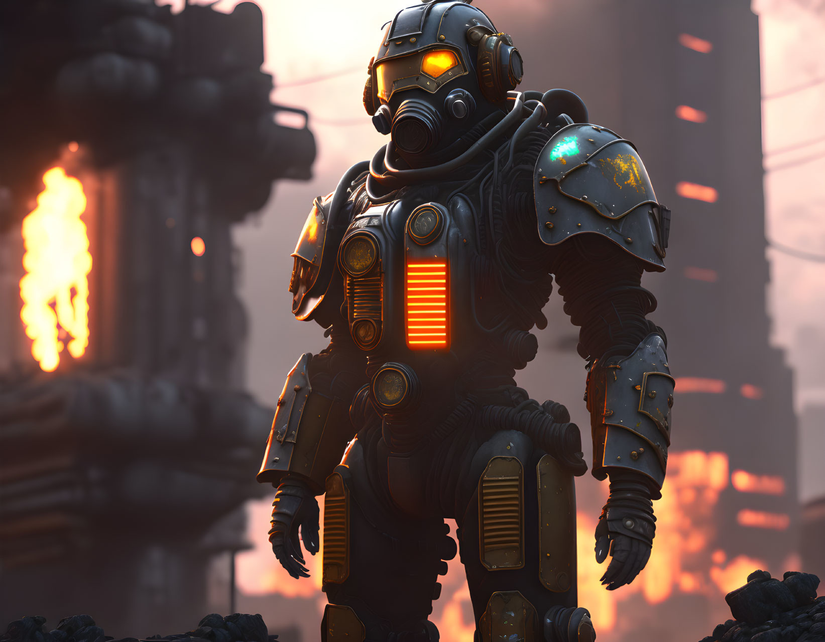 Futuristic armored robot in industrial wreckage with glowing orange visor