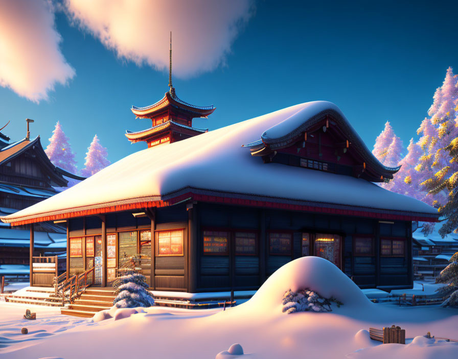 Traditional Japanese Building with Pagoda in Snowy Twilight Scene