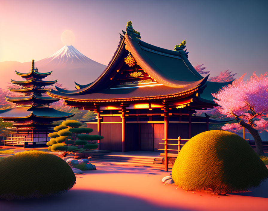 Traditional Japanese temple with Mount Fuji and cherry blossoms at sunrise or sunset