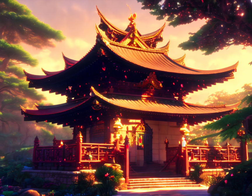 Traditional Asian-Style Temple in Lush Foliage and Sunlight