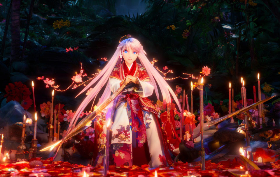 Colorful animated character in traditional attire among candles and petals in mystical forest.