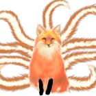 Stylized fox with flowing, flame-like tails on white background