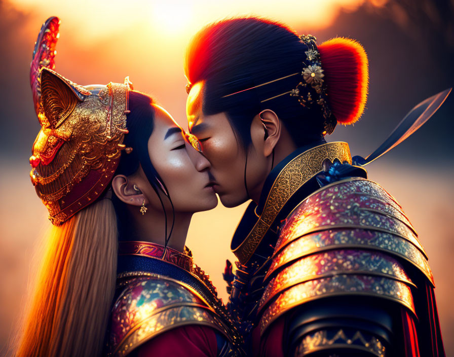 Traditional Asian couple in elaborate armor sharing a tender moment