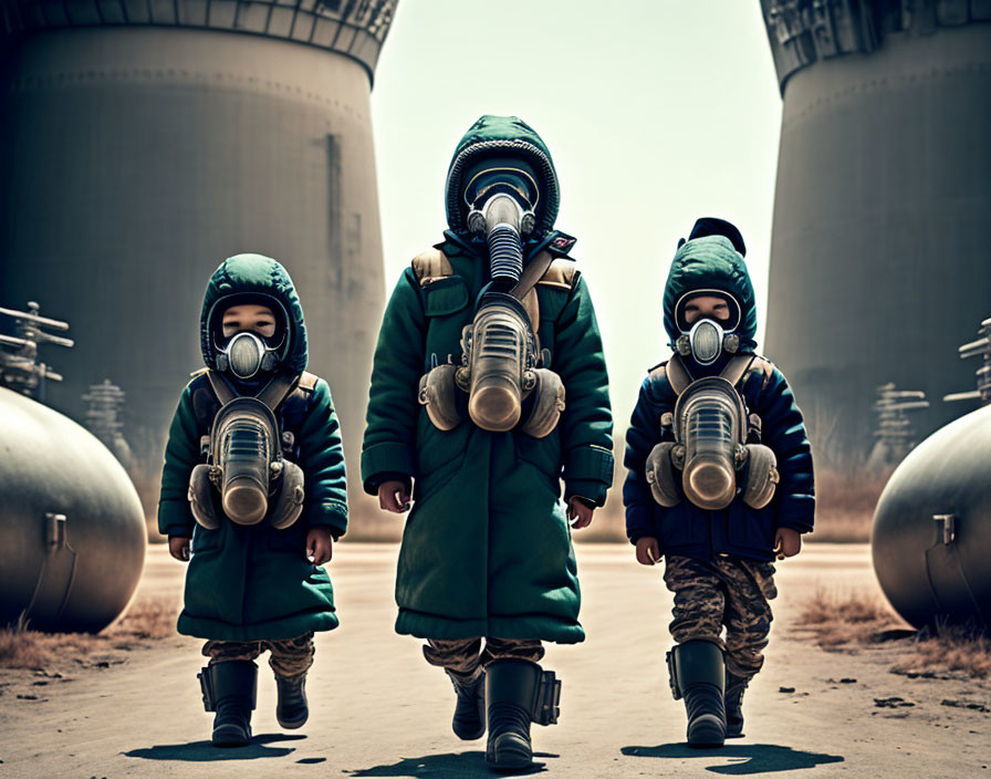 Three children in green coats and gas masks walk in industrial area.