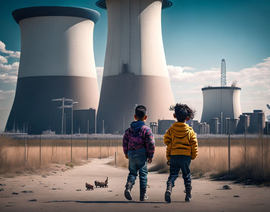 Children and dog near nuclear power plant cooling towers