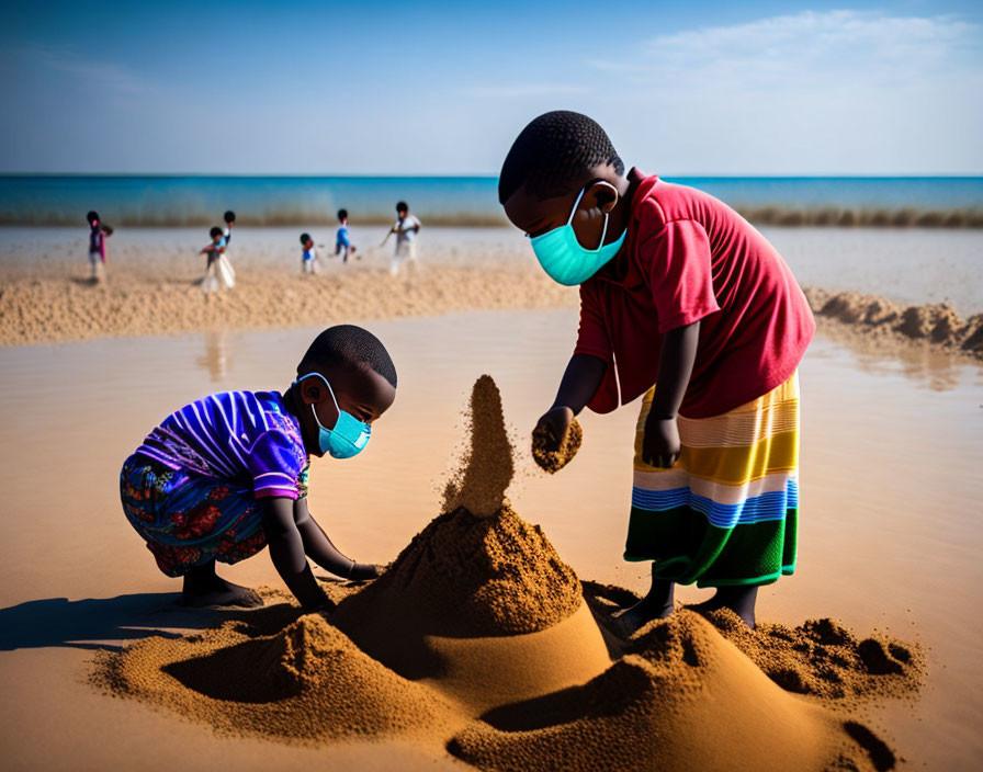 Children with face masks building sandcastle on beach with others playing near sea