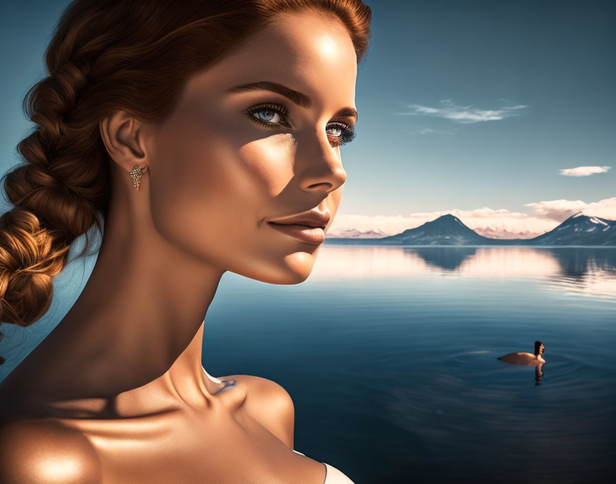 Scenic digital artwork of woman with braid by serene lake