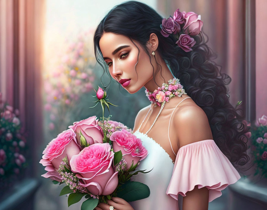 Dark-haired woman in pink floral dress with roses bouquet and matching hair flowers on soft-focus background
