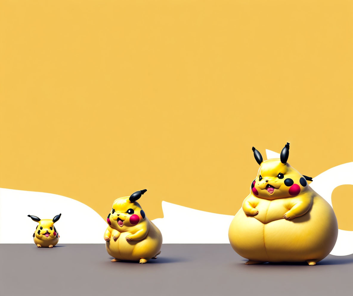 Three Pikachu with varying body sizes on two-tone background