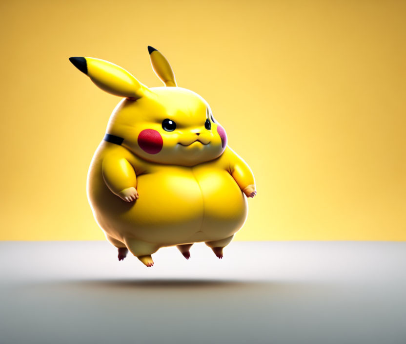 Round chubby Pikachu on yellow backdrop with slight shadow