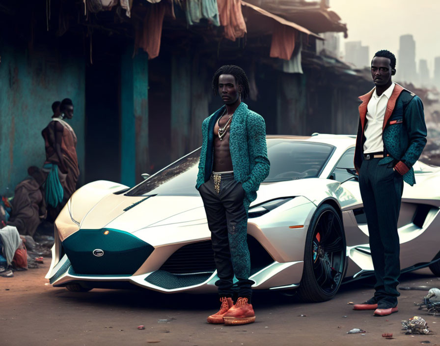 Stylish Men with Luxurious Sports Car in Urban Setting