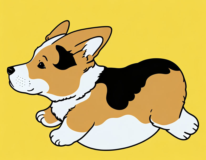 Corgi dog with brown, white, and black fur on yellow background